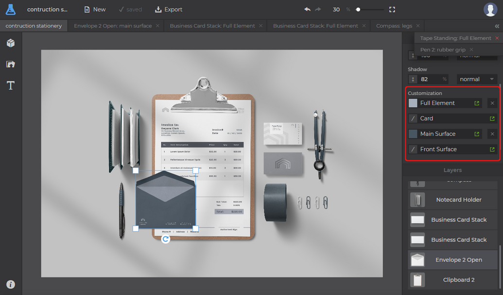 Print and stationary mockup project with customization settings highlighted