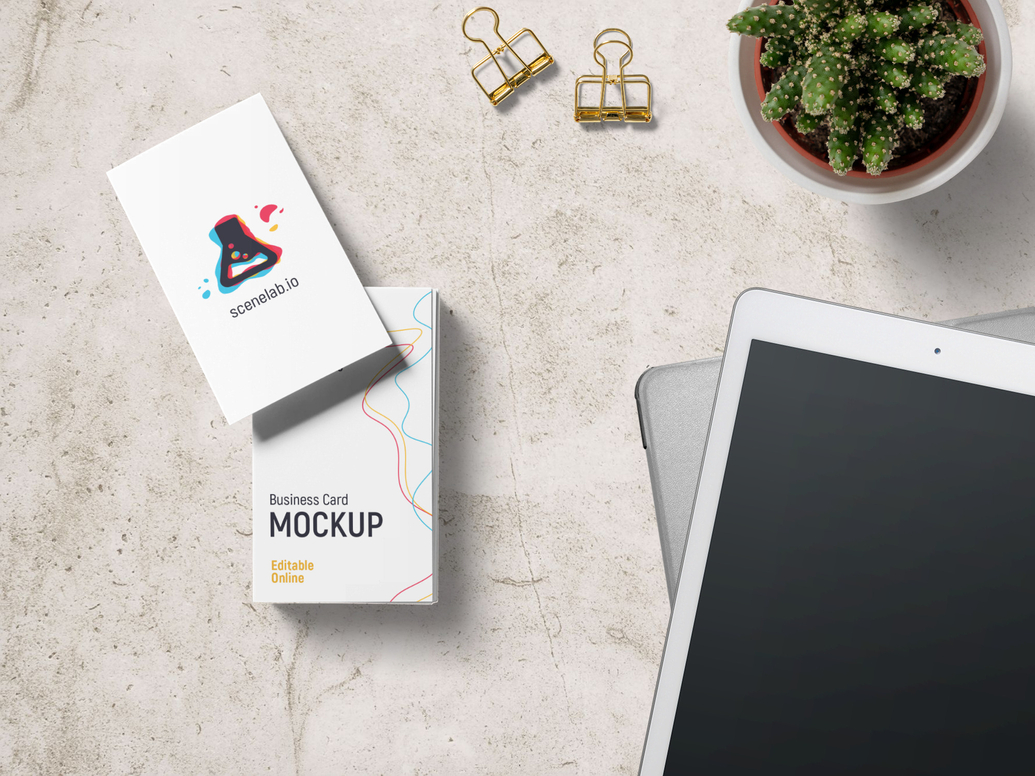 Free mockup template with business card stack and iPad